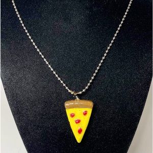 Handmade Hand Painted Pizza Charm Plastic Polymer Silver Ball & Chain Necklace